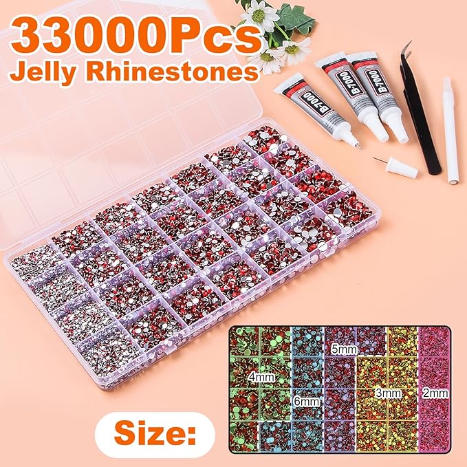 33000Pcs Red Resin Jelly Rhinestones for Bedazzling, 2-6mm Flatback Gems for Diamond Art, Bedazzler Kit with 3Pcs 10ml B7000 Jewelry Glue for Crafting Crafts Nail Art