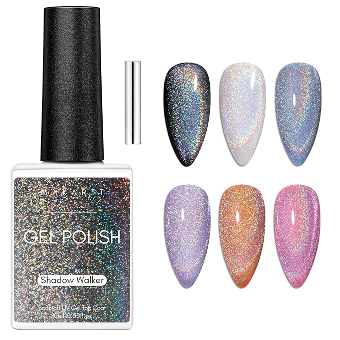 Makartt Nail Art Brushes,Liner for Nails, 5pcs, 7/9/11/15/25mm Bundle With Universal Rainbow Cat Eye Gel Nali Polish 10ml Holographic 9D Sparkly Hole Cat Eye Glitter Gel Polish