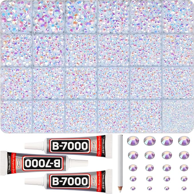 31000Pcs White AB Resin Rhinestones for Bedazzling, Assorted Sizes 2-6mm White AB Flatback Bedazzle Gems, Bedazzling Kit with B7000 Glue for Crafts Crafting Clothes and More