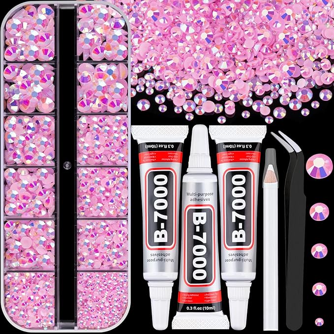 Resin Rhinestones for Crafting with 3Pcs 10ml B7000 Jewelry Glue, 1 Box Light Pink AB Flatback Gems Crystals Diamond for Bedazzling Crafts DIY Nail Art Makeup, Gems for Clothing Tumblers Shoes