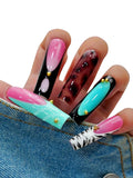 10PCS Multicolor Press On Nails – Long Coffin Fake Nails with Zebra Print, Leopard Pattern, Abstract Swirls & Stud Accents, Glossy Reusable Y2K Nails for Women and Girls – Euphrosyne