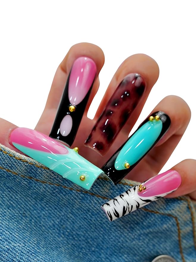 10PCS Multicolor Press On Nails – Long Coffin Fake Nails with Zebra Print, Leopard Pattern, Abstract Swirls & Stud Accents, Glossy Reusable Y2K Nails for Women and Girls – Euphrosyne
