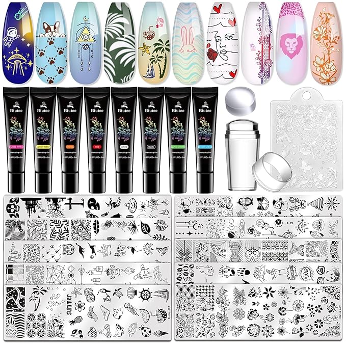 Biutee Gel Nail Stamping Kit with 8 Colors Nail Stamping Polish Gel Nail Stamping Plates 10PCS Nail Stamp Plates Nail Stamper Starry Sky Lace Flower Leaves Animal Nail Stamping Kit Nail Design
