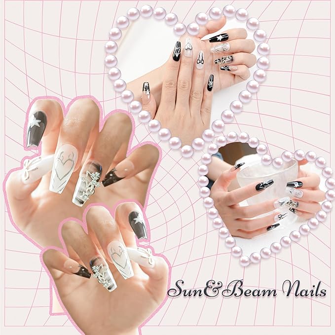 Sun&Beam Nails Handmade Press-on Medium Coffin Ballerina Black Silver White Grey French Star Rhinestone Design Fashion False Nail Tips 10 Pcs Set (#178 S)