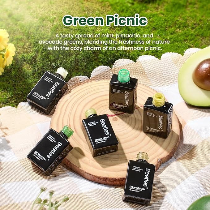 Beetles Green Gel Polish Set - Green Picnic Pastel Gel Nail Polish Set 6 Colors, Soak Off UV LED Lamp Spring Nails Art, Long-Lasting Manicure Salon DIY St Patricks Day Nails Home