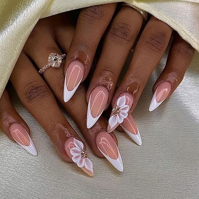 Long Press on Nails Almond Handmade Nails with Glue,French Tip False Nails Nude Pink Nail Press ons 5D Flower Art Design Muti-Layer Gel Handmade Nail Luxury False Nails for Women (Size S)