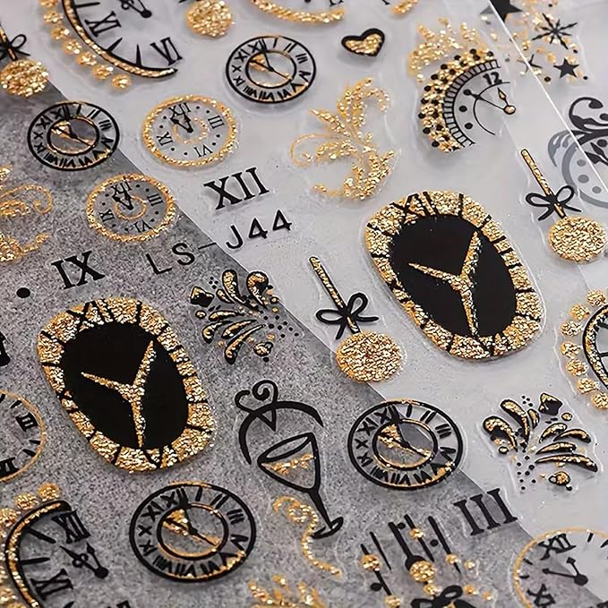 6 Sheets Christmas Nail Art Stickers 3D Gold Glitter Clock Nail Decals Self Adhesive Winter Nail Design Stickers New Year Nail Art Supplies Christmas Manicure Accessories for Women and Girls