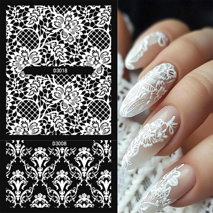 30 Sheets White Art Stickers Decals 3D Self-Adhesive LaceNail Decals Retro Flower Designs Nail Supplies Summer Nail Decoration DIY Nails Accessories for Women