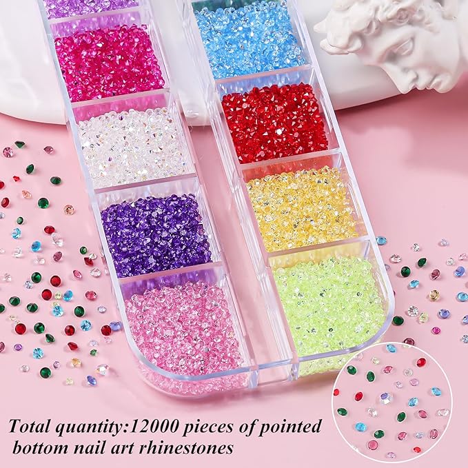 12000Pcs Nail Art Rhinestones Colorful Rhinestones Kit, 1.5mm Pointed Bottom Rhinestones Crystals Stones Diamonds Gems Bedazzler with Pickup Tools for Nails Face Eyes Makeup Crafts (24-K1-1.5mm)