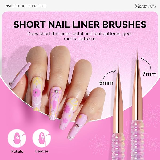 MelodySusie 5Pcs Nail Art Liner Brushes with Nail Brush Holder, Professional Gel Polish Painting Art Design Pen for Thin Long Lines, Tiny Details, Fine Drawing, Delicate Coloring Sizes 5/7/9/11/20mm