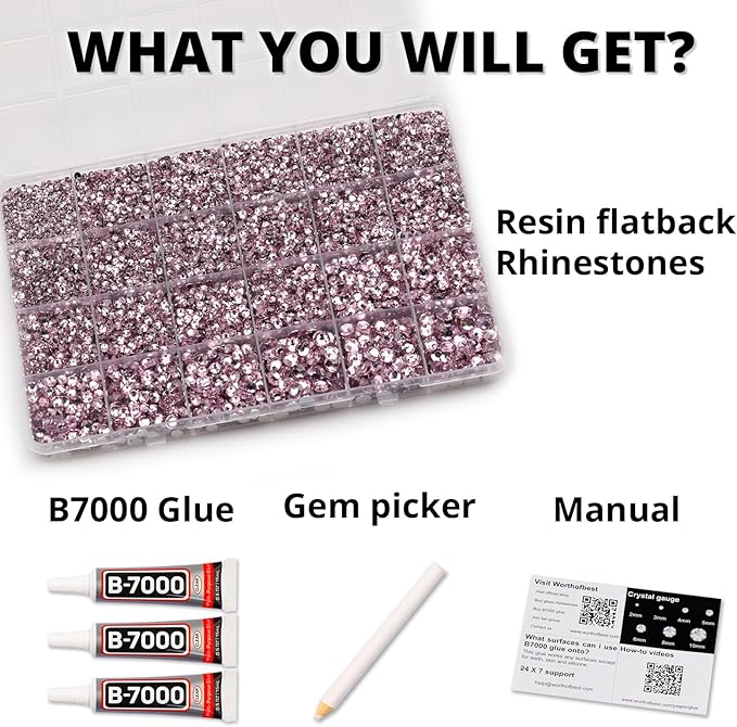 33000Pcs Light Pink Rhinestones for Bedazzling, Bedazzler Kit with Flatback Craft Rhinestones Baby Pink Bulk and B7000 Glue, 2,3,4,5,6mm Resin Flat Back Crystals for Craftings, Clothes, Shoes, Nails