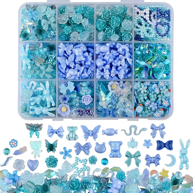 850 Pieces 3D Butterfly Rose Flower Bow Rabbit Bear Nail Charms Kit with Nail Art Rhinestones Pearls Crystal Gems Nail Slices for Manicure DIY Crafts Jewelry Accessories (Blue)