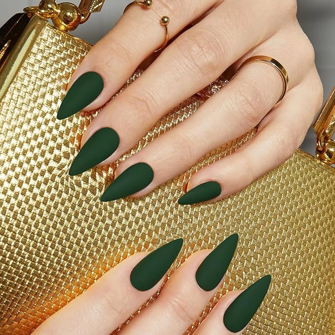 Matte Dark Green Press on Nails Almond Shaped 48Pcs Neutral Fake Nails for Women, Medium Almond Nails Press on Reusable Acrylic Nails Glue on Medium Length Stiletto False Nails Gel Artificial Nails