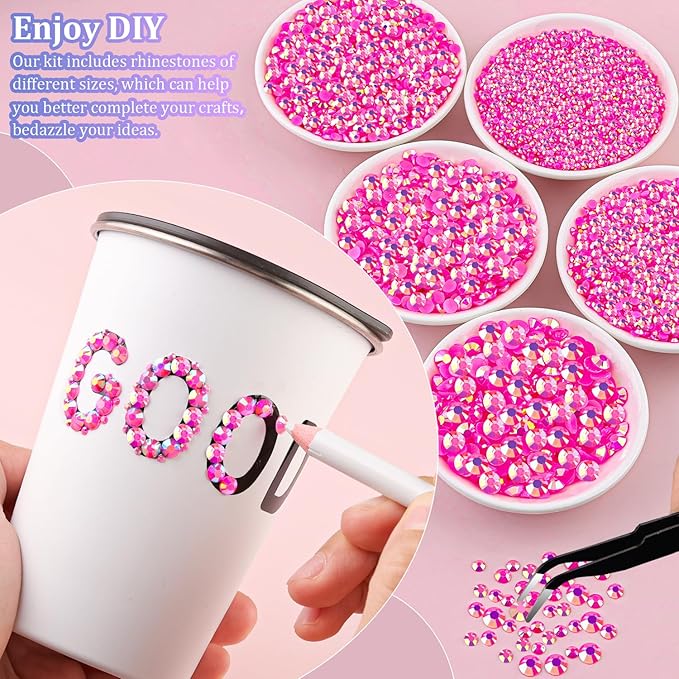 30000Pcs Resin Rhinestones for Bedazzling with Tweezers, Hot Pink AB Rhinestones for Crafting with 3Pcs 10ml B7000 Jewelry Glue for DIY Crafts Clothing Tumblers Shoes Fabric Nail Art
