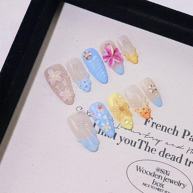 Handmade Press on Nails Medium Almond Flower Fake Nails with Glue,Muti-Layer Gel False Nails with 3D Flower Embossed Design Glitter Thick Press ons Nail Pearl Acrylic Nails for Women (Size S)