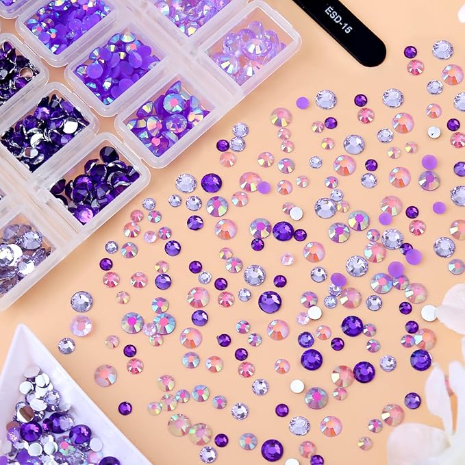15000PCs 2-6MM Purple Series Resin Flat Back Rhinestones, Round Non Hotfix Jelly & Silver Bottom Resin Rhinestones Nail Gems Stones with Tweezer & Picker Pen for Nail Art Tumblers & DIY Crafts