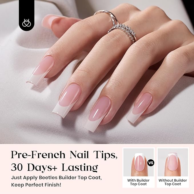 Beetles X Press Plus On Nails Kit - Rose French | Pink Long Square French Tip Press On Nails | 224Pcs 16 Sizes All-in-One Kit With Nail Glue，Remover，Builder Top Coat，Nail Lamp