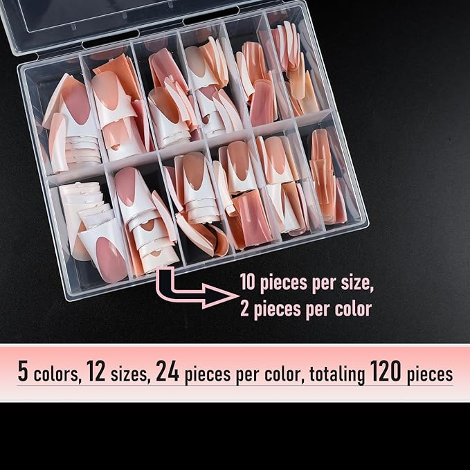 White French Tip Duck Nail Tips, Full Cover No C Curve Medium Wide Acrylic Press Ons Duck Feet Nails, Thick Soft Gel Fake False Nail Extension 12 Sizes 120 Pcs 5 Colors