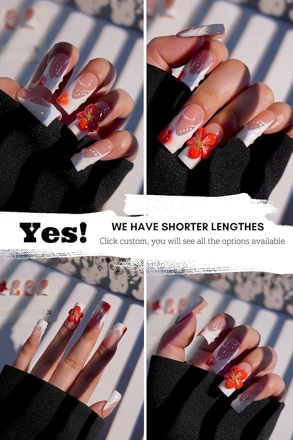 HAND-PAINTED White Press Ons Neon Small Press on Nails Long French Press on Nails Coffin Medium Short Nail art Fake Nail Art Kit with 7g Glue on Nails Handmade Almond Square Nails (Medium, J4)