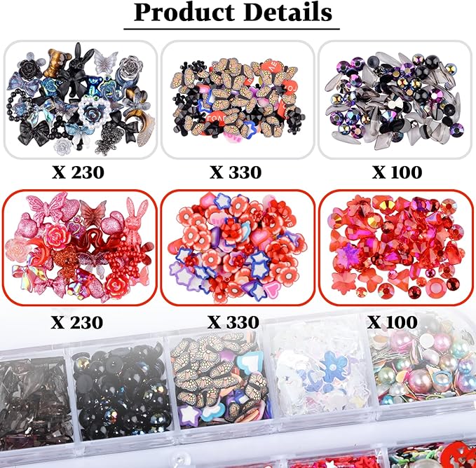 1400 Pieces 3D Butterfly Rose Flower Bow Rabbit Bear Nail Charms Kit with Nail Art Rhinestones Pearls Crystal Gems Nail Slices for Manicure DIY Crafts Jewelry Accessories (Black Red)
