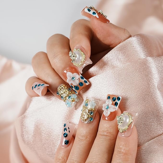 Handmade Duck Press on Nails, Luxury 3D Charms - Vintage Baroque Angel & Cross Design, Reusable Thick Acrylic for Nail Art (Angel's Realm, L)