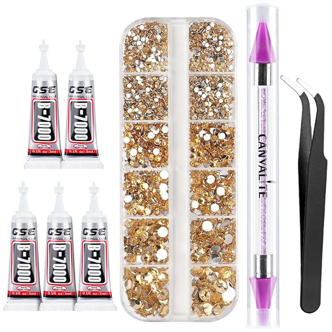 Canvalite 3348Pcs Gold Rhinestones Flatback Gems, Nail Rhinestones Nail Art Gems with Jewelry Glues, Pick Up Tweezers and Rhinestone Picker Dotting Pen, Nail Art Tools for Nails, Clothes, Face, Craft