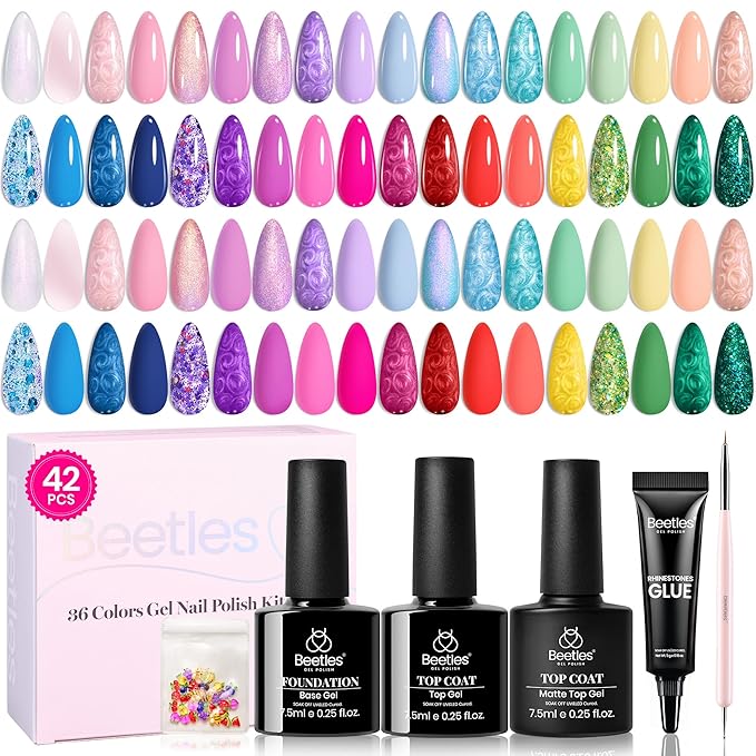 beetles Gel Polish Gift Set - Island Holiday 36 Colors 48Pcs Neon Gel Polish Pink Yellow Blue Green UV LED Nail Gel Base Top Coat Art Tools Home Salon Manicure Spring Summer Gift for Women