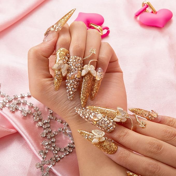 LOVFUL Press on Nails I can Fly French Tip | Handmade with Full Covered Crystals | Reusable Fake Nails | Stiletto Mid Length 1.7 in | H45-L