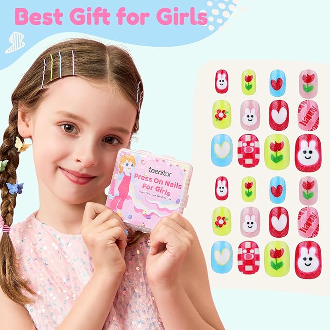 Teenitor 216pcs Press on Nails for Kids Girls Fake Nails, 9 Styles of Mini Nails for Girls Fake Nails for Kids, Christmas Press on Nails for Girls 10-12, Stick on Nails for Kids Little Girl