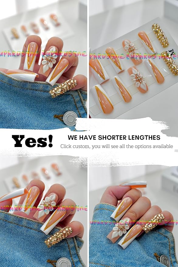 Euphrosyne Elegant Press On Nails – 10pcs Long Almond Fake Nails in Nude Peach with Gold French Tips, 3D Floral Designs & Rhinestone Accents