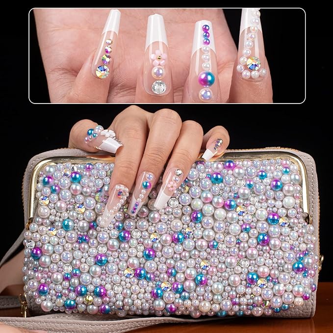 4000PCS Flatback Rhinestones and Half Round Pearls Kit #22, Multi Size Glass Clear Crystals, Plastic Flat Back Blue Mermaid Dome Bead with Pickup Pencil and Tweezer for Nail Art
