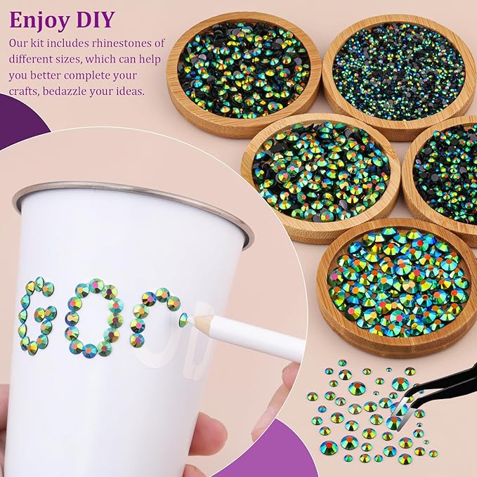 Resin Jelly Rhinestones for Crafting with B7000 Jewelry Glue, 2 Boxes Emerald Balck AB Flatback Crystals with 2Pcs 10ml Glue, Bedazzling Non Hotfix Gems for DIY Tumblers Clothing Shoes Manicure