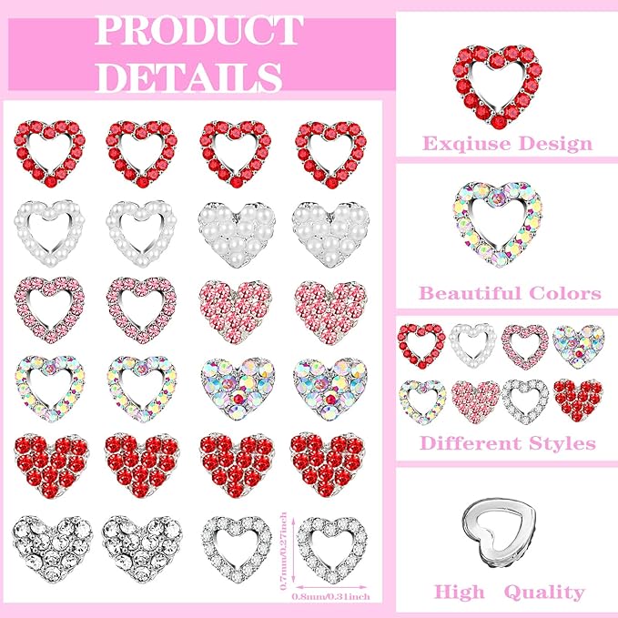 Sadnyy 100 Pcs Valentine Heart Nail Charms for Nail Art, 3D Heart Rhinestone Decals Silver Crystal Charms Diamond Alloy Gems for Women Valentine's Decorations(Elegant)