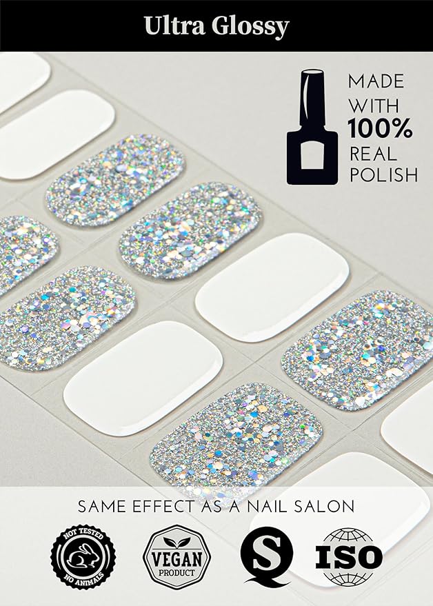 Semi Cured Gel Nail Strips, 20Pcs Long Lasting Salon Quality Wraps, Easy Apply & Remove Gel Nail Stickers with UV Light (Glitter Goblin White)