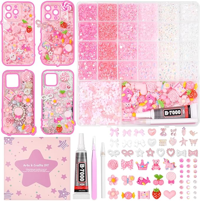 Junk Case Charms Kit, Pink White Pearls Resin Rhinestones Bedazzling Kit, Cute Candy Bear Cartoon Phone Cases Charms, Junk Case with Big Charm for Crafts Nail Art DIY Accessories