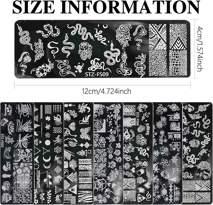 JERCLITY 8pcs Nail Stamping Plates Nail Stamping Kit Rose Fruit Animal Snake Image Plates Nail Art Design Template Print Nail Stamper Kit for Women