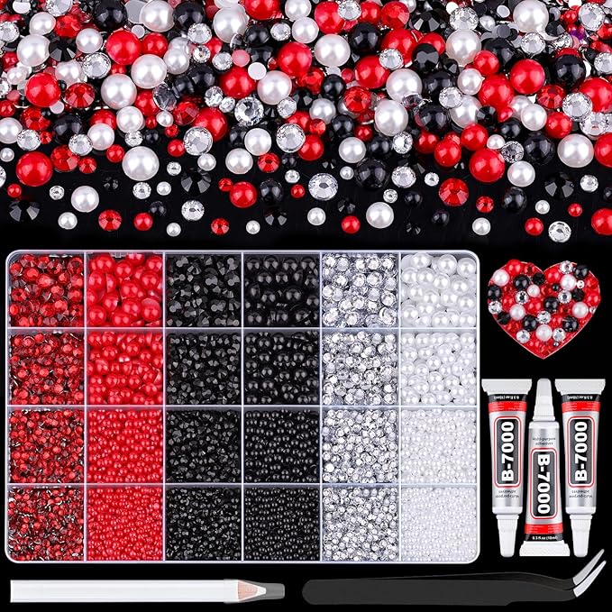 14000Pcs Flatback Pearls and Rhinestones for Crafting, Red White Black Mixed Size 3-8mm Resin Rhinestones and Half Pearls for Bedazzling, Nail Art and Decoration with 3pcs B7000 Jewelry Glue