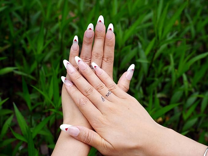 Valentine's Day Press on Nails with Red Heart - Medium Almond Fake Nails Full Cover Glossy, Classic White Edge Design French Tip Handmade False Nails(Creamy Heart French,M)