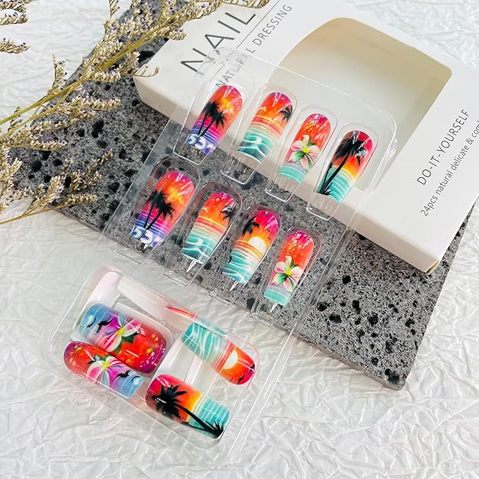 Waves French Tip Press On Nails, Medium Long Square Acrylic False Nails, 24 Pcs/Box, Multicolor, Summer Sea Pattern, Glossy Finish, Kit, Full Well Tips
