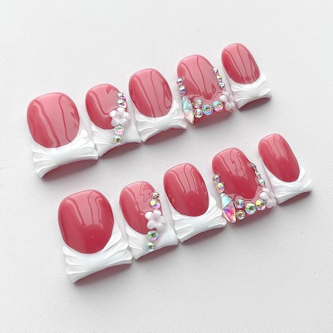 French Tip Press on Nails Handmade Short Duck 3D Flower Thick Acrylic Nails White False Nails with Floral Rhinestones Designs Elegant Glossy Fake Nail Sturdy Wedding Art Press on Nail 10Pcs(M)