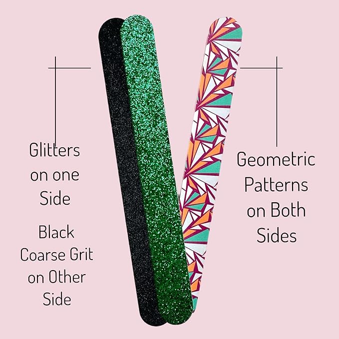 20 pc ALAZCO Premium Nail Files Coarse & Medium Grit Professionals & DIY Washable Emery Boards for Natural Acrylic Gel Press-On Nails Travel TSA Friendly Colorful Pattern/Black/Green Glitter