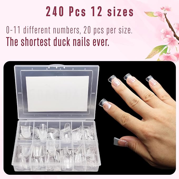 NOVO OVO 240pcs Duck Feet Nail Tips for Small and Medium Hand, Extra Short Full Cover Press On Acrylic, Clear Full Coverage Thick Flare French Soft Gel Fake False Nail Extension x 12 Sizes