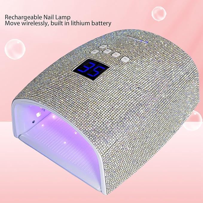 66W Nail Lamp with Rhinestones, Rechargeable Nail Lamp for Gel Nails, 15600mAh 33pcs Lamp Chips 4 Timer Setting Removable Bottom Tray Led Nail Light (US Plug)