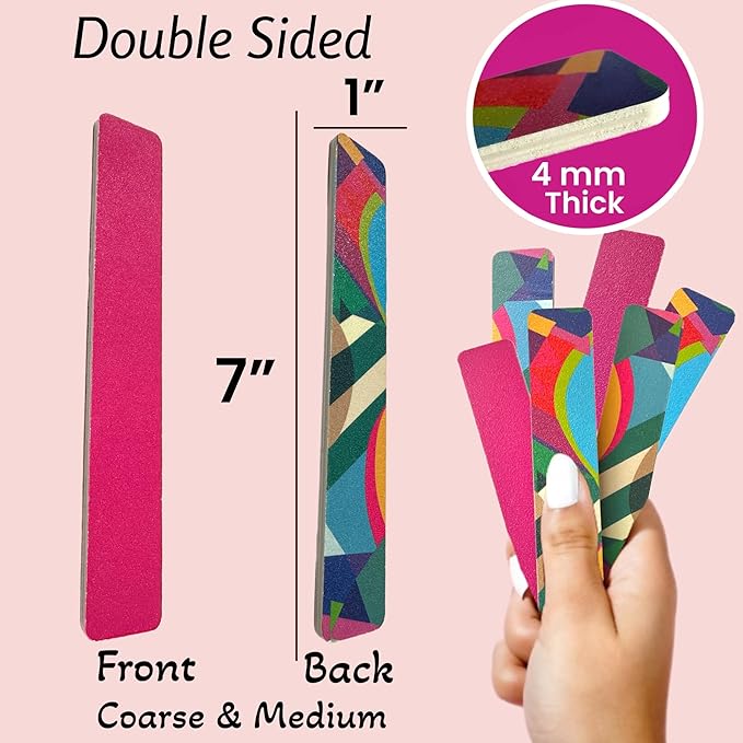 12 ALAZCO Jumbo Dual-Sided Nail File Emery Board Medium & Coarse Grit Cushioned Easy Grip Comfort Filing Smoothing Nails TSA Travel Approved Colorful Abstract Design