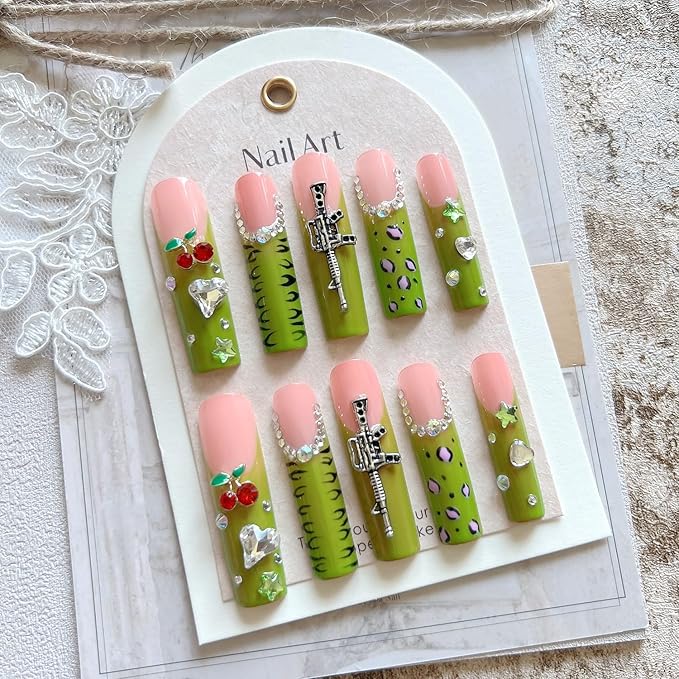 NAIL ANGEL 10PCS/SET Handmade Press on nails Metal Glitter Rhinestone Green Leopard Prints Crystal Cherry Gem Long Coffin Nails Party Nails XXL Long Artifical Tips ZJ-07 (Multi-Color, ZJ07-M)