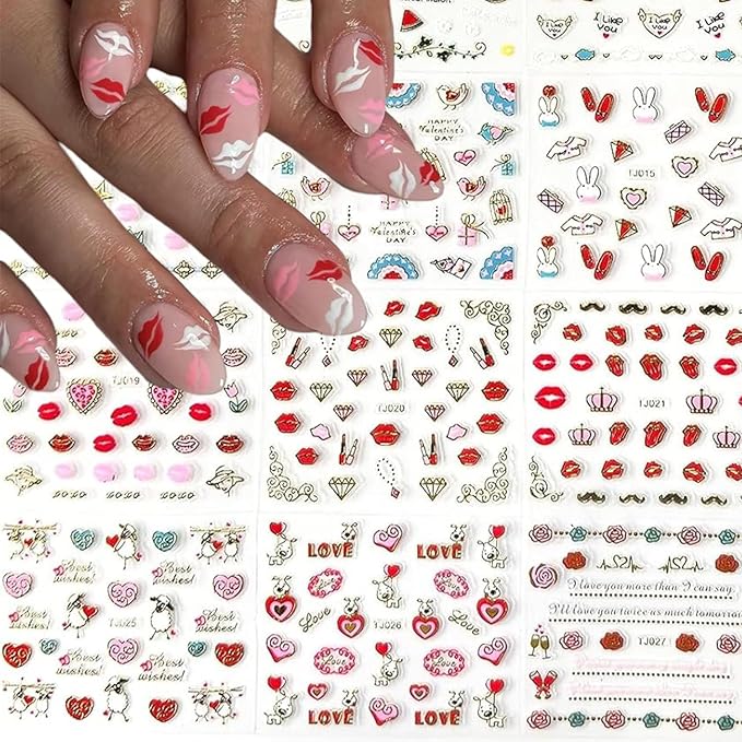 30 Sheets Valentine's Day Nail Art Stickers Decals Self-Adhesive Nail Decals Heart & Rose Designs Nail Supplies Lip Nail Decoration Accessories for Women