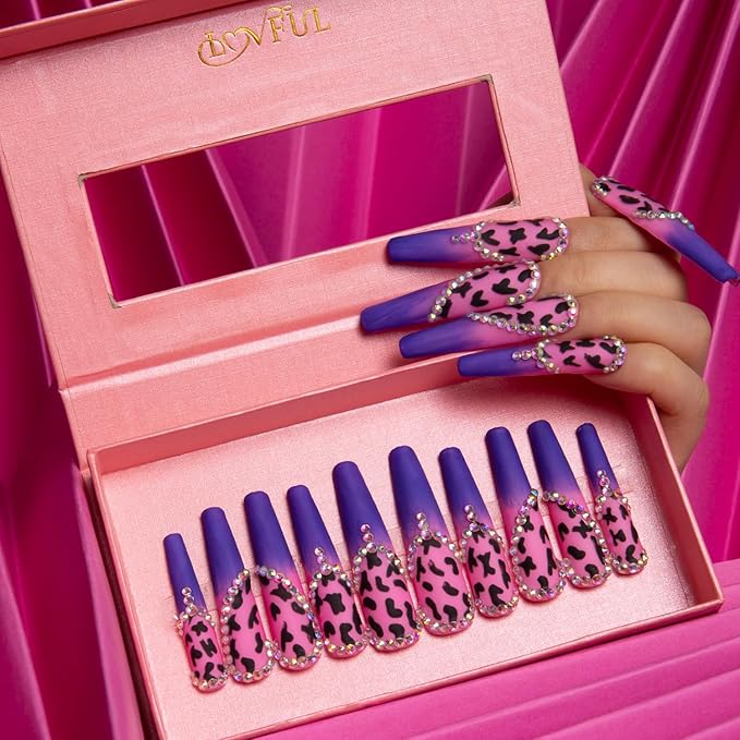 LOVFUL Press on Nails Boozy Lavender | Handmade with Full Covered Crystals | Reusable Full Cover Nails | Coffin Long 2.2 in | H211-M