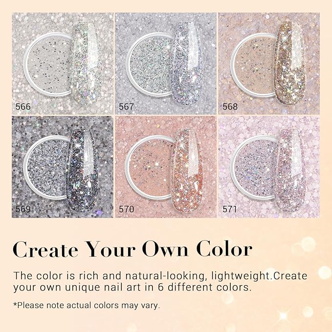 AZUREBEAUTY Dip Powder Nail Set, Silver Pink Black Golden Yellow Glitter Sparkly Shiny Chrome Platinum, 6 Colors All Seasons Dipping Powder Starter Kit Nail Art Manicure Salon, No Need Nail Lamp Cured