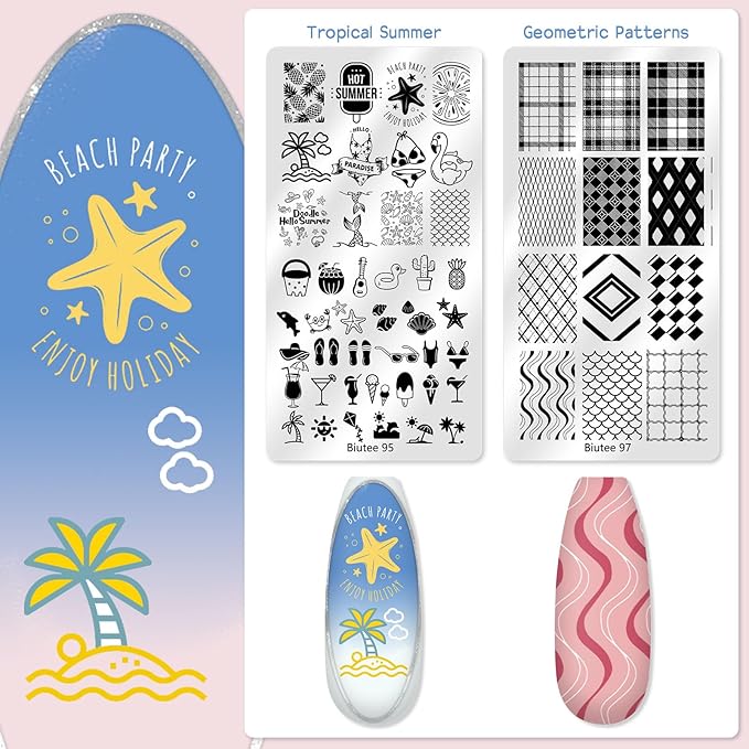 Biutee Nail Stamping Plate 16Pcs Nail Stamper Kit 12Pcs Nail Art Stamp Plates with Silicone Stamper, Scraper & Storage Bag, Stamping Plates Star Plaid Flower Butterfly Template Holiday Design Gift