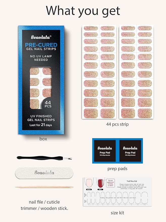 Real Gel Nail Strips (No UV Light Needed) - 44Pcs Salon Quality Nail Stickers - Long Lasting Polish Wraps for Women, Easy Apply & Remove (Pink Haze)